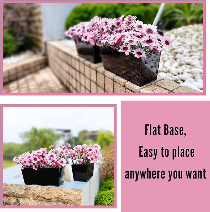 LaLaGreen Rail Planter Box (4 Pack, 12 Inch) Black Metal Strawberry Outdoor Hanging Flower Bucket with Drainage Handle Hook, Rectangle Balcony Deck Fence Plant Holder Window Boxes Rustic Home Decors