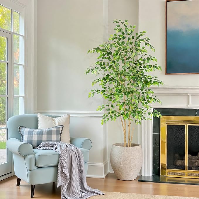 Tall UV Resistant Ficus Tree Artificial，7ft(84in) Realistic Texture Potted Faux Ficus Tree， Fake Trees Indoor Outdoor for Home Office Living Room Bedroom Foyer Porch Decor.