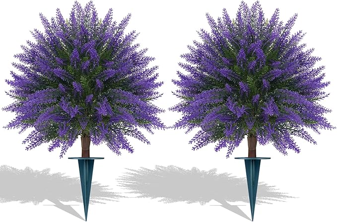 Grooy Artificial Lavender Topiary Ball, Set of 2 Artificial Boxwood Shrub Bushes with Ground Spike, Fake Evergreen Tree for Porch, Artificial Plants for Outdoor Planters Indoor UV Resistant