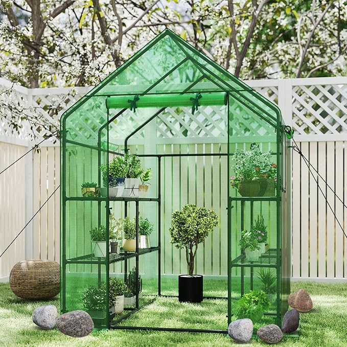 Happygrill Greenhouse for Outdoors, Portable Green House w/8 Shelves, Roll-Up Zippered Door, 2 Observation Windows & 2 Tiers, PE Cover, Wind Rope, Walk-in Greenhouse for Outside, 57”L x 57”W x 77”H