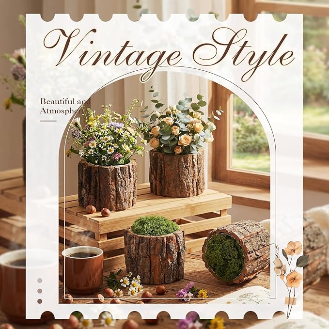 8 Set Wooden Vase for Centerpieces Wooden Flower Vase with Fake Green Moss Rustic Bark Stump Buckets Vintage Wood Planter Pots for Woodland Party Wedding Window Home Farmhouse Table Decor