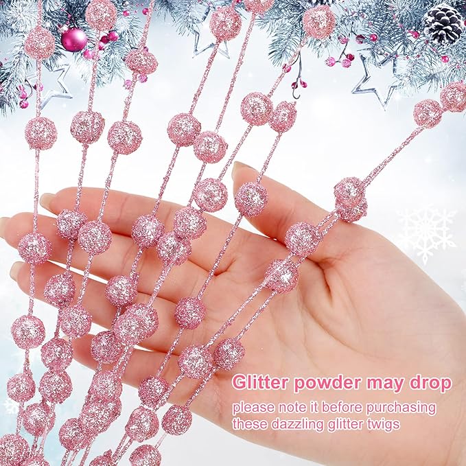Syhood 200 Pcs Glitter Berry Stems, 13.8 Inches Christmas Berry Picks Holly Branches for Christmas Tree Decorations, Holiday Ornaments Home Decor and DIY Crafts(Pink)