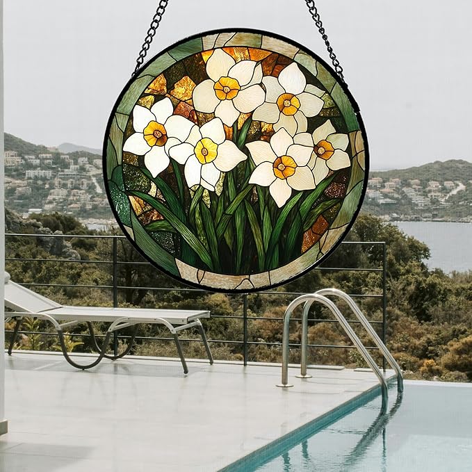 Stained Glass Window Hanging, White Lily Suncatcher for Door Garden Patio Birth Flower Green Plant Sun Catchers Decor Christmas Mother's Day Birthday Gifts for Women Mom Nana Friend 11.8 in