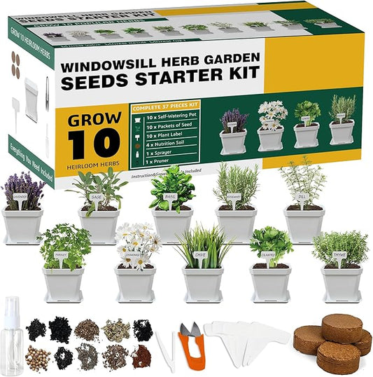Meekear 10 Herb Seeds Garden Starter Grow Kit with White Pots, Markers, Nutritional Soil, Watering, Herb Clipper, Complete Indoor Potted Plant Growing Set for Kitchen DIY