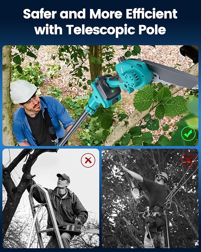 Cordless Pole Saw&6 inch Mini Chainsaw 2-IN-1, 2PCS 4000mAh Rechargeable Batteries for Electric Tree Trimmer, Branch Cutter with Extension Pole for Wood Cutting, Ideal Gifts for Men Dad