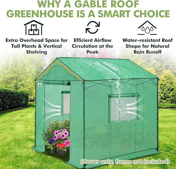 EAGLE PEAK Replacement Cover for 8x8 Gable Roof Pop up Greenhouse, Front and Rear Roll-Up Zipper Entry Doors and 2 Large Roll-Up Side Windows (Frame Not Included), Green