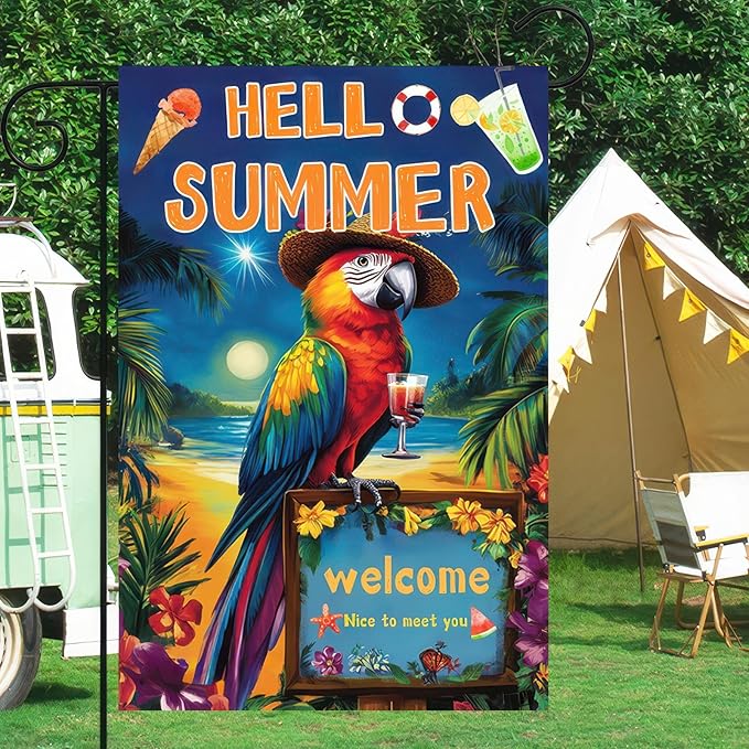 Hello Summer Garden Flag 12x18 inch Double Sided Tropical Parrot Flags Beach Welcome Themed Banner Colorful Summer Outdoor Decor for Yard Patio Garden Holiday Decoration
