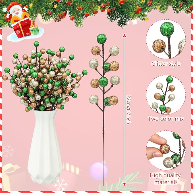 24 Pcs Christmas Glitter Berries Stems, 8.8" H Artificial Christmas Picks for Xmas Tree Ornaments, Holiday Wreath DIY Crafts, Xmas and Home Decor(Green, Brown, Beige)