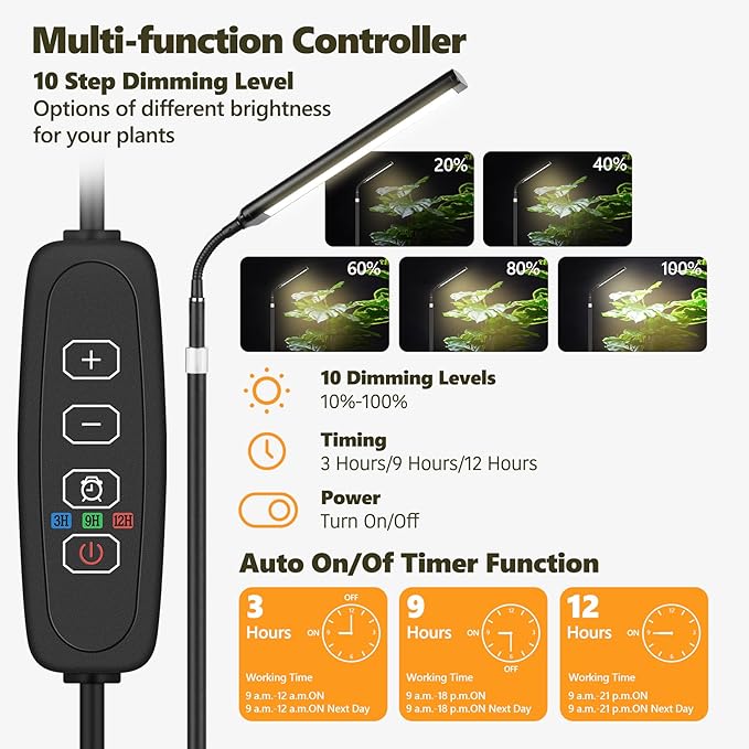 VSOKE Grow Light for Indoor Plants, Full Spectrum LED Grow Light with Stand, Auto On/Off Timer, Height Adjustable Floor Plant Lamp with Gooseneck, 10-Level Dimmable Light for Small Tall Houseplants