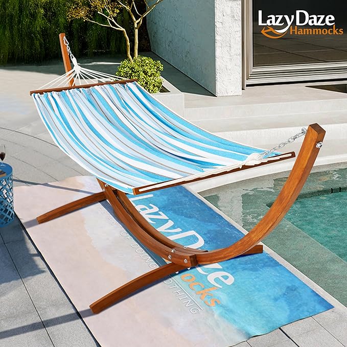 Lazy Daze Hammocks Cotton Fabric Spreader Bar Hammock and 10.5 Ft Wood Arc Hammock Stand Combo, for Indoor, Outdoor, Patio, Backyard, Blue and White