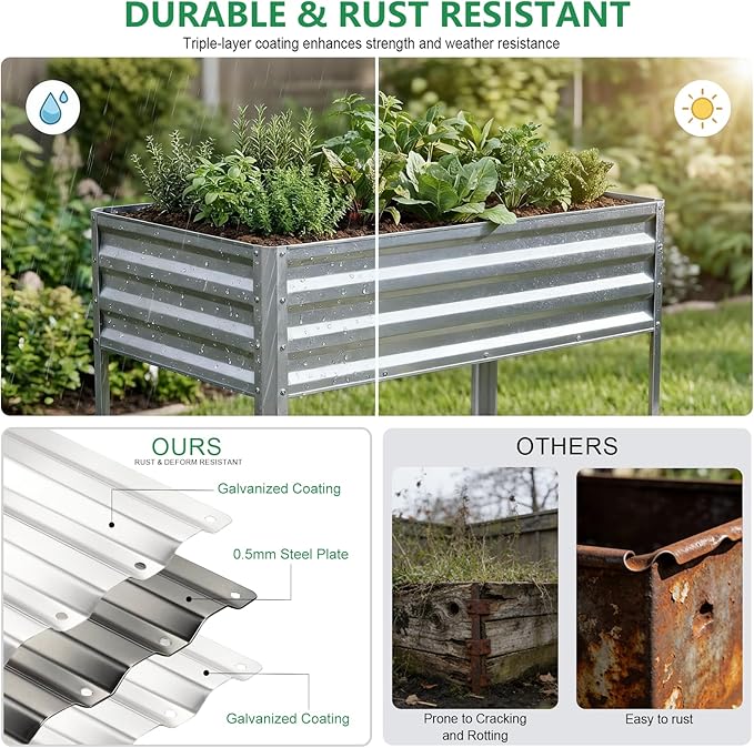 Elevated Raised Garden Bed with Legs, 48x24x32in Galvanized Planter Box Outdoor with Drainage Holes, Large Metal Raised Beds for Gardening Vegetables Herbs, Backyard, Patio, Balcony - Silver