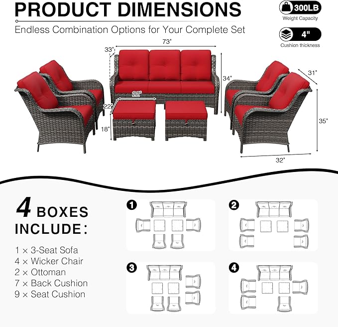 Joyside 7 Piece Wicker Patio Furniture Set, Rattan Patio Chairs with High Back, Deep Seating, Wide Armrest, Thickened Cushions, Outdoor Furniture for Deck, Porch Use