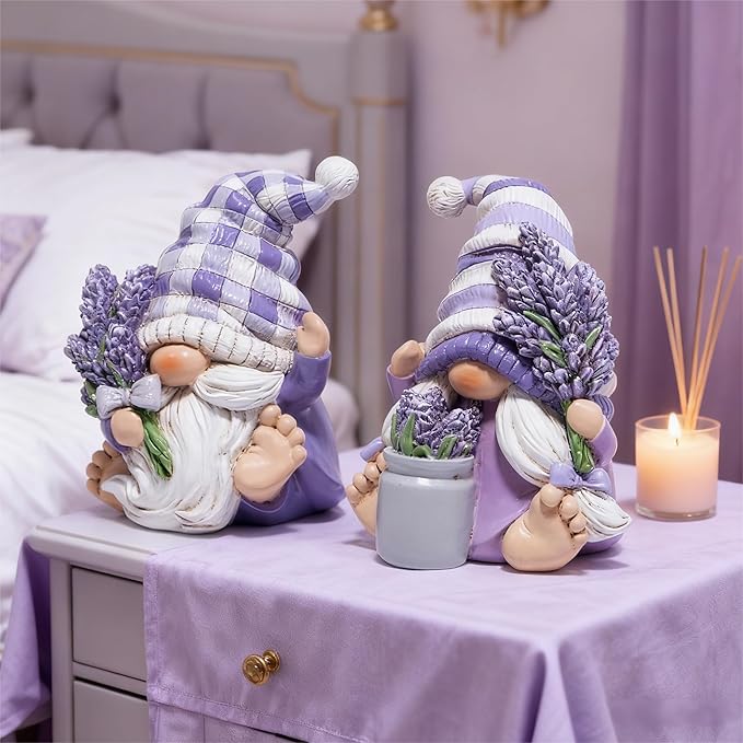 Hodao Set of 2 Lavender Gnome Figurines - Indoor Resin Decor for Home Shelf, Tiered Tray | Spring & All-Season Decoration
