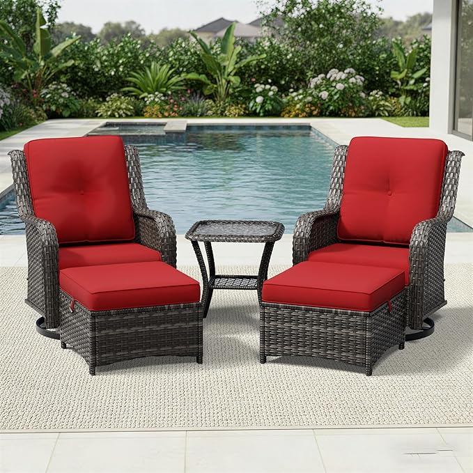 Joyside 5 Piece Wicker Patio Furniture Set, Outdoor Swivel Rocker Patio Chairs with High Back, Deep Seating, Wide Armrest, Thickened Cushions, Outdoor Furniture for Deck, Porch Use