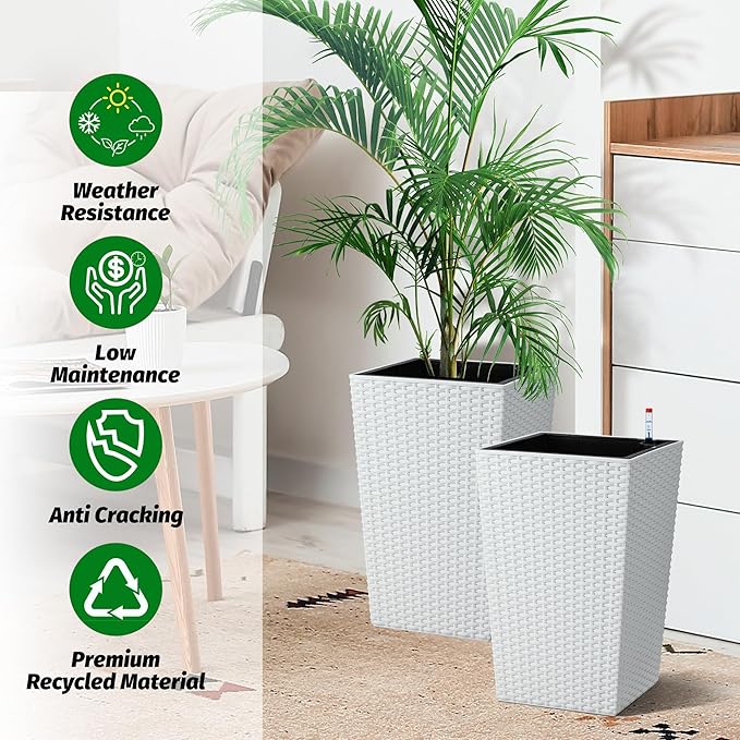 GarveeLife 16 in Tall Planter Set of 2 Large Rattan Flower Pot with 2 Trays & a Water Level Monitor Outdoor and Indoor for Patio, Porch, Living Room, or Home Office, White