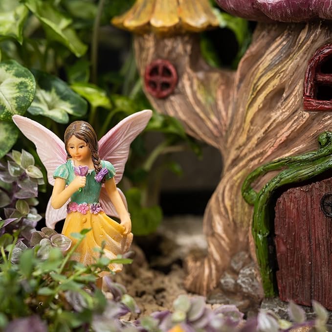 PRETMANNS Fairy House Kit - Fairy Garden Accessories for Outdoor Miniature Village Decor, with Fairies & Sign - Flower Stump House, 7" High & Door can Open Wide - 4 Piece Supplies