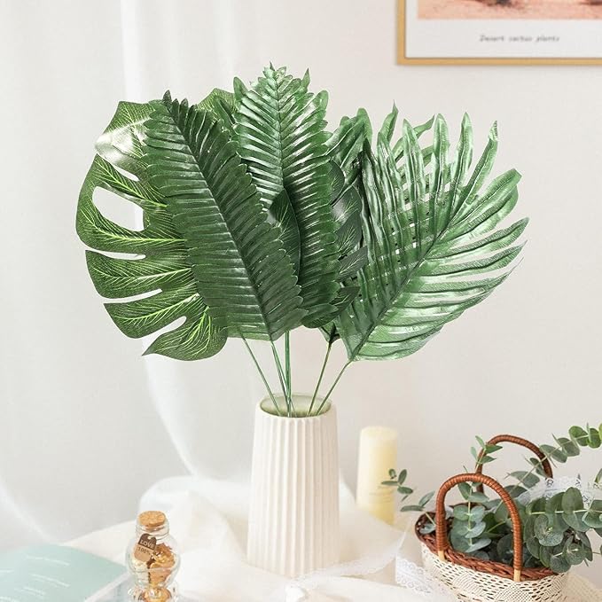 50 Pieces 7 Kinds Artificial Tropical Leaf Jungle Leaves Plant Safari Leaves Decorations Fake Palm Leaf with Stems for Hawaiian Luau Party Table Beach Birthday Wedding Theme Party Decorations