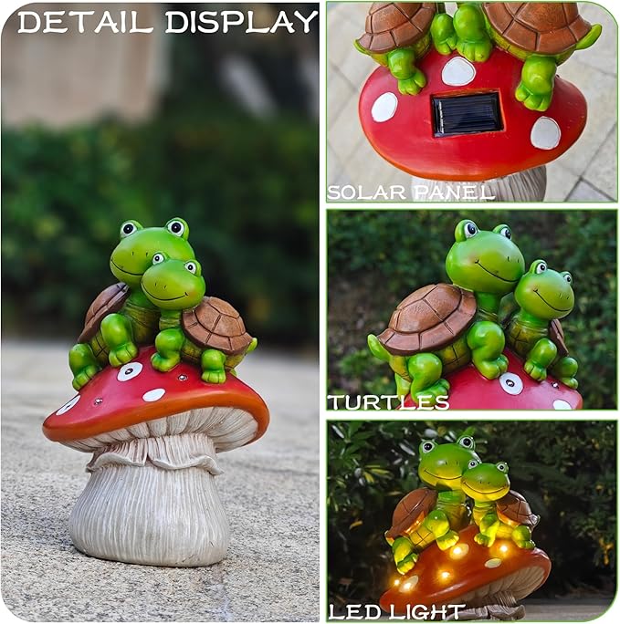 Solar Garden Turtle Figurines Outdoor Ornaments - Orange Mushroom with Sweet Frog Face Cute Turtles Decor, Resin Decorations Unique Garden Art Resin Statue Gifts for Patio Lawn Porch Yard