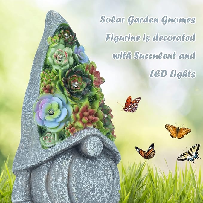 Solar Garden Statues Gnomes Figurine with Succulent and LED Lights - Garden Gnome Statues Decorations for Yard, Outside, Patio, Balcony - Gardening Housewarming Birthday Gifts