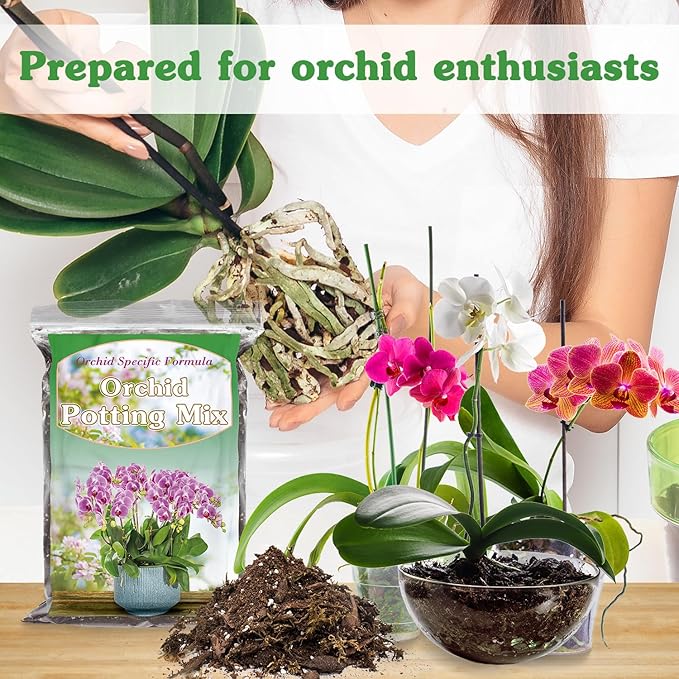 Orchid Potting Mix for Repotting 1 Quart, Mixture of Moss Pine Bark Coco Peat and Perlite, HOUNANG Orchid Bark Potting Mix, Good Drainage