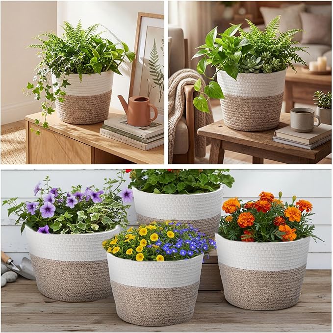 4 Pcs Cotton Rope Plant Baskets Indoor Woven Flower Baskets with Plastic Liner, Plant Planter for Indoor Outdoor Spring Rustic Boho Home Farmhouse Floor Potted Pots Decor