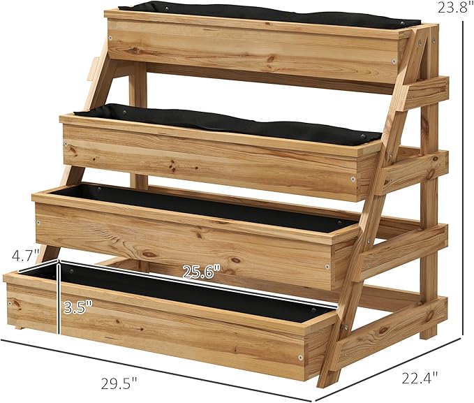 Outsunny 4 Tier Raised Garden Bed with Drainage Holes, Vertical Wooden Planter Box Freestanding Garden Bed with Bed Liner, Outdoor Planter Box for Garden, Patio, Balcony