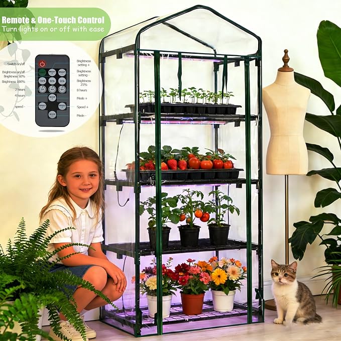 Mini Greenhouse with Grow Light , 4 Tier 27.2" L×19.9" W×61.8" H Portable Greenhouse with Zippered PVC Cover for Seed Starting Trays , Dimmable 2ft 60W Plant Light for Indoor Plant with Timer