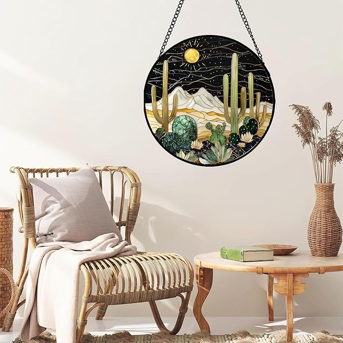 DASTOLL Stained Glass Window Hanging, Black and White Golden Cactus Nature Suncatcher for Doors Window Home Starry Sky Sun Catchers Decor Mother's Day Birthday Gifts for Women, Men Mom 7.8 in
