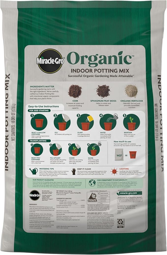 Miracle-GRO Organic Indoor Potting Mix, Protects Against Over and Under Watering, for Indoor Container Plants, Houseplants and Starter Plants, OMRI Listed, 16 qt., 2-Pack