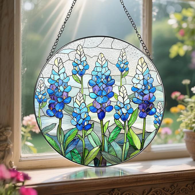 LAOWEIKI 8'' Texas Bluebonnet Sun Catcher Ornament, Stained Glass Window Hanging, Suncatchers for Windows Hanging Ornaments, Window Decor | Flower Lover Gift, Gifts for Mom Grandma