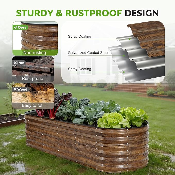 ZORMY Galvanized Raised Garden Bed Outdoor- 2PCS 6x2x1.4ft Oval Steel Raised Beds for Gardening, Metal Planter Box with Protective Strip and Gloves for Vegetables, Flowers, Fruits(Brown)