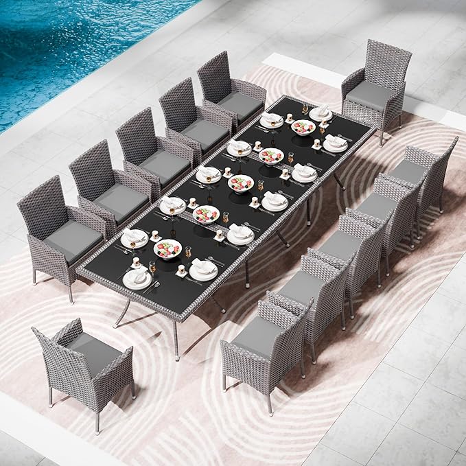 15 Piece Outdoor Dining Set,Rattan Patio Conversation Set of 12 Chairs,Patio Dining Table and Chairs w/Cushions,Square Glass Tabletop,Umbrella Cutout for Patio,Grey