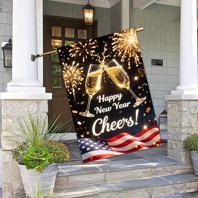 Happy New Year House Flag 28x40 Inch Double Sided Garden Flag Cheers Champagne Glasses and American Flag Design Winter Holiday Yard Banner Large Outdoor Flag for Porch Lawn Home Decoration