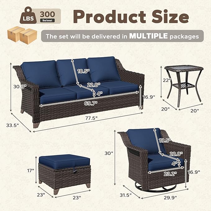 9 Pieces Patio Conversation Furniture Set - 1 Sofa, 2 Ottomans, 4 Swivel Chairs, 2 Side Tables, Outdoor Wicker Furniture with Removable Cushions for Porch, Balcony, Sunroom (Blue)