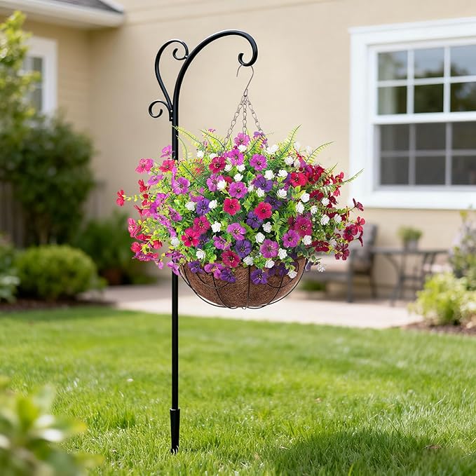 Artificial Fake Flowers Basket for Spring Outdoor Decor, Faux Mums Floral Hanging Plant for Summer Outside Decor, Silk Daisy with Eucalyptus Leaves for Home Patio Garden