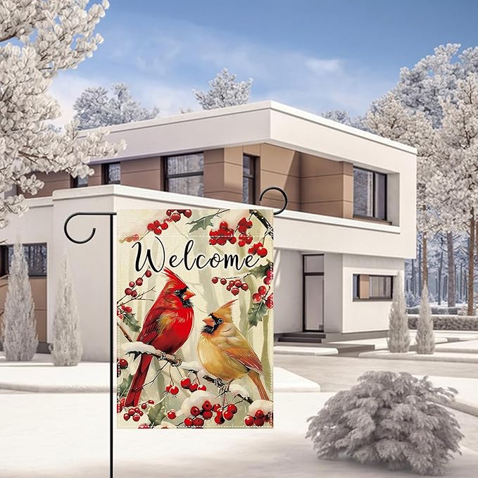 Artofy Welcome Winter Cardinal Small Decorative Garden Flag, Snowy Red Birds Holly Berry Branches Yard Lawn Outside Decor, Christmas Seasonal Burlap Outdoor Home Decoration Double Sided 12 x 18