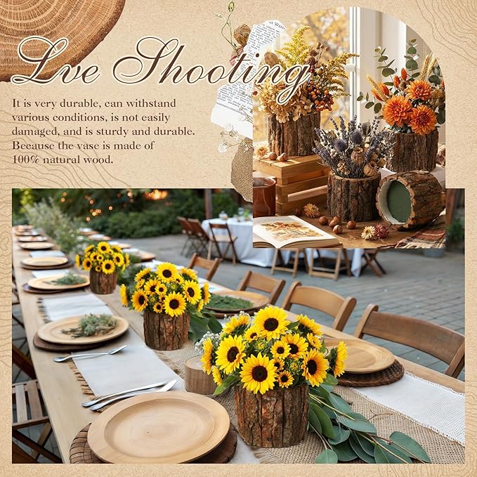 12 Set Wooden Vase for Centerpieces Wooden Flower Vase with Flower Mud Rustic Bark Stump Buckets Vintage Wood Planter Pots for Woodland Party Wedding Window Home Farmhouse Table Decor