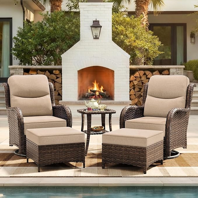 HILLGA Luxury Patio Furniture Set with 6-inch Thick Cushion, Outdoor High Back Swivel Rocker Patio Chairs, 5PCS Wicker Conversation Set for Deck Yard and Poolside, Beige (V2)