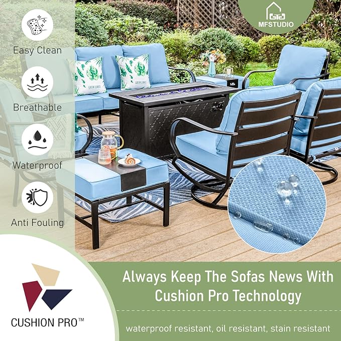 MFSTUDIO 4 Pieces Patio Conversation Sets(5 Seat), Outdoor Metal Furniture Sofa Set with 1 Loveseat(3 Seat), 2 Swivel Chairs, 1 Coffee Table, Steel Frame Patio Sets with Blue Cushion for Garden