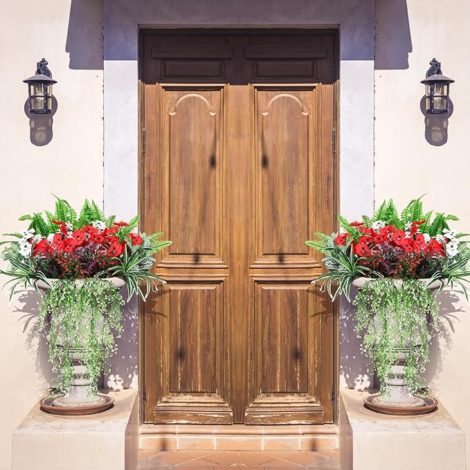 24 Pcs Outdoor Artificial Plants UV Resistant Faux Plant Fake Greenery Stems Faux Shrubs Flower for Outside Hanging Front Porch Patio Garden Window Box Home Wedding Summer Spring Decor(Green Red)