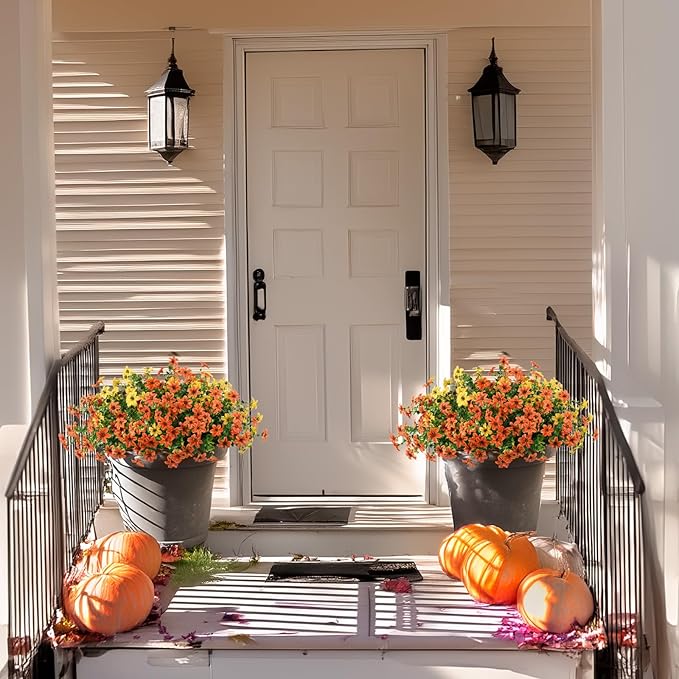 Artificial Flowers for Outdoors 12 Bundles Fake Plants Spring Home Decoration, Realistic Faux Flower Silk Daisy with Eucalyptus Stem UV Resistant Patio Planter Porch Yard Window(Orange Yellow)