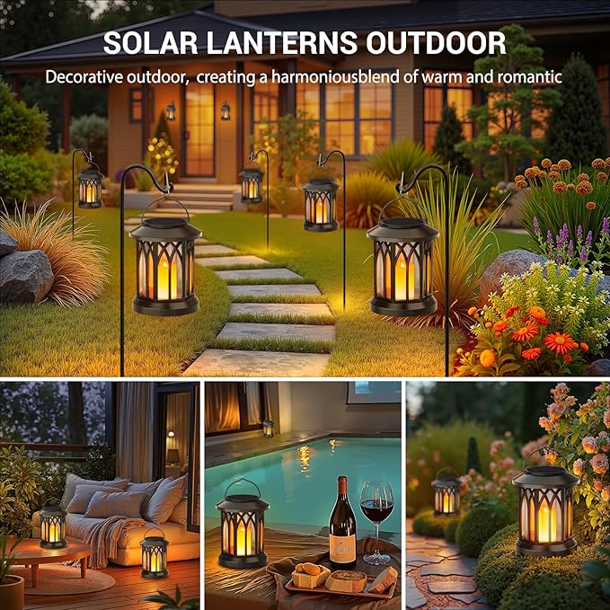 KOOPER 2 Pack Solar Lantern Outdoor Lights, Hanging Solar Lanterns Outdoor Waterproof, Lanterns Decorative Outdoor LED Flickering Flameless Candle Mission Lights for Yard Table Garden (Black)