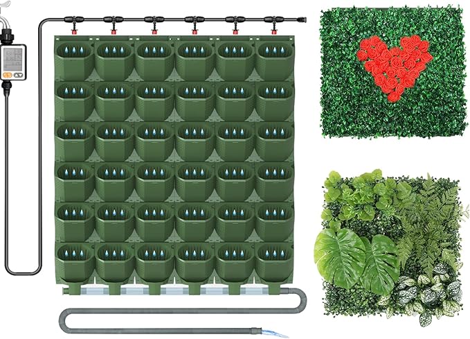 ZIAERKOR Self Watering Wall Mounted Vertical Planter, 36 Pots Wall Planter Indoor Vertical Living Green Plant Wall Easy Installation (Green with Timing System)