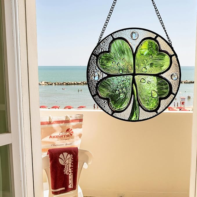 AMDERVEN Stained Glass Window Hanging - St. Patrick's Day Green Irish Themed Gifts Sun Catcher Door Home Clover Decor Suncatcher Christmas Mother's Day Birthday Gifts for Women Men Mom Nana 11.8 in