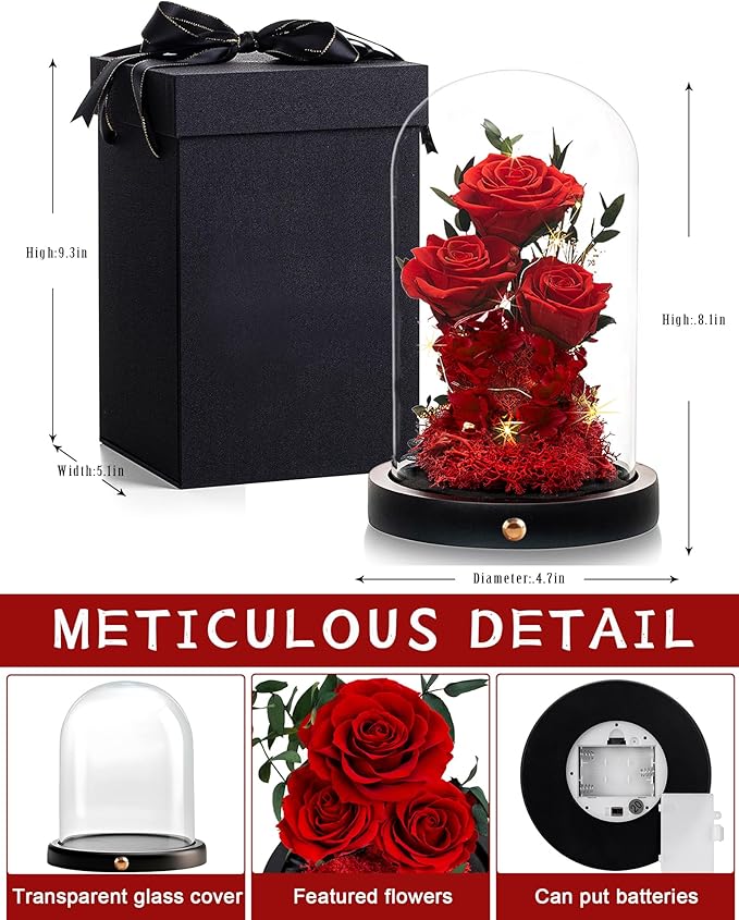 DENIMOMO Flowers Roses Gifts for Women Her,Forever Preserved Rose in Glass Dome, Valentines Anniversary Birthday Real Roses Gifts for Wife Women Girlfriend Best Friend/Red