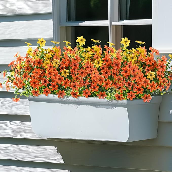 Artificial Flowers for Outdoors 12 Bundles Fake Plants Spring Home Decoration, Realistic Faux Flower Silk Daisy with Eucalyptus Stem UV Resistant Patio Planter Porch Yard Window(Orange Yellow)