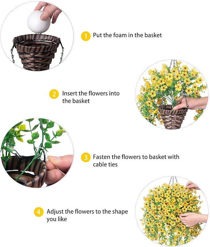 HyeFlora Artificial Hanging Flowers Basket for Outdoor, Fake Flowers Faux Plants Look Real for Yard Gardens Porch Patio Home (Yellow)