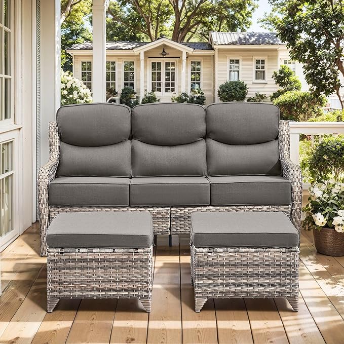 HUMMUH Luxury Patio Furniture Set 6-inch Thick Cushions High Back Swivel Rocker Chairs & 3 Seater-Couch & Steel Fire Pit Table 7 Pieces Outdoor Conversation Set for Porch,Deck,Backyard