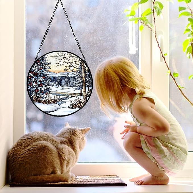 DASTOLL Stained Glass Window Hanging, Winter Snow Landscape Suncatcher Diamond Glass Panel Sun Catchers Decor for Birthday for Women, Men, Wife, Aunt, and Mom 14.9 in