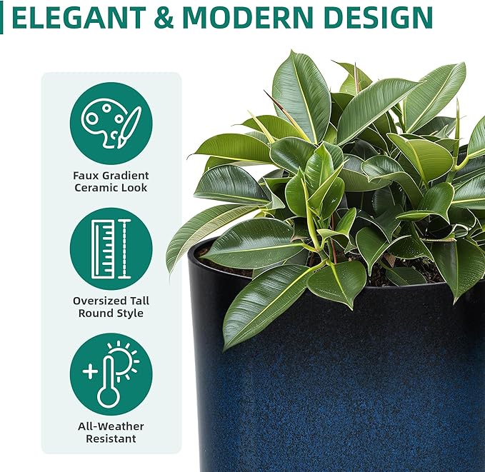 Ultym 23.75" H Large Tall Outdoor Planters, Set of 2 Plastic Large Flower Pots for Outdoor Plants, with Gradient Cobalt Bule Finish, Weather-Resistant for Porch, Garden, Patio or Indoor Use
